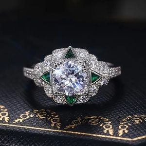 VINTAGE INSPIRED ZIRCON RING w/ TRIANGLE EMERALD ACCENTS